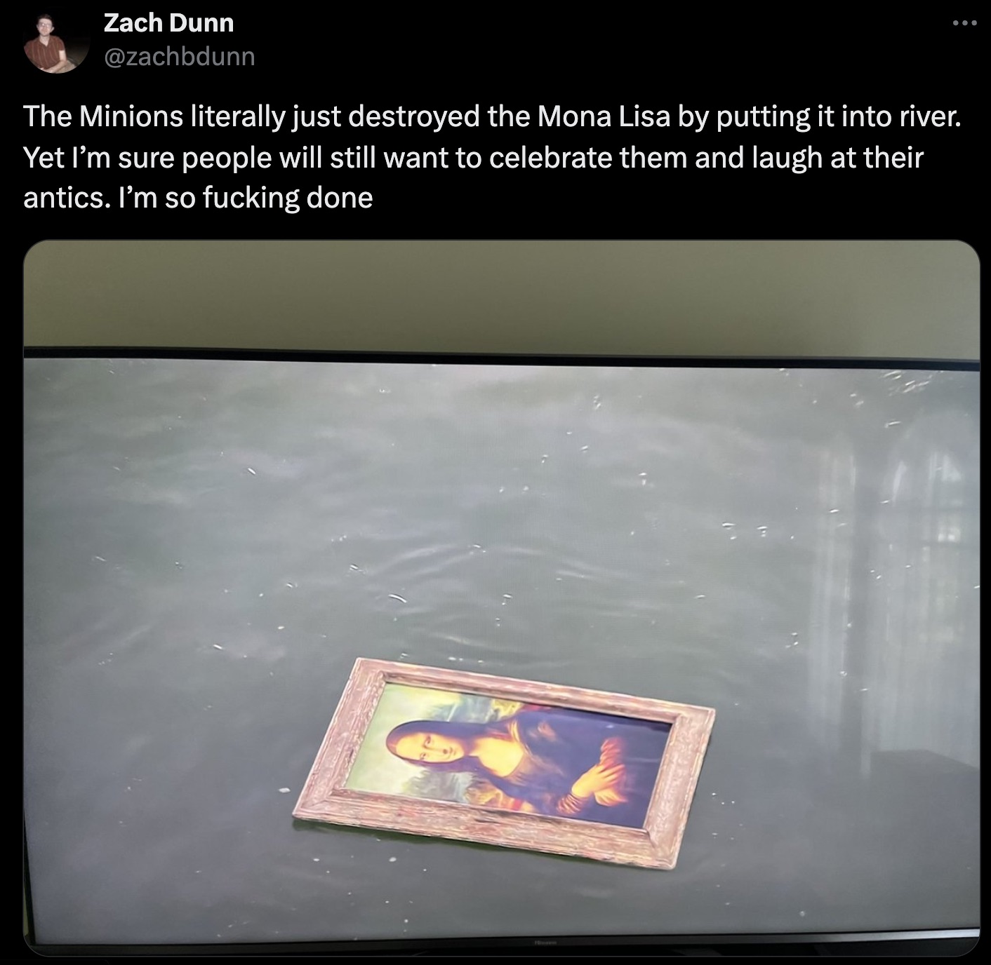 screenshot - Zach Dunn The Minions literally just destroyed the Mona Lisa by putting it into river. Yet I'm sure people will still want to celebrate them and laugh at their antics. I'm so fucking done