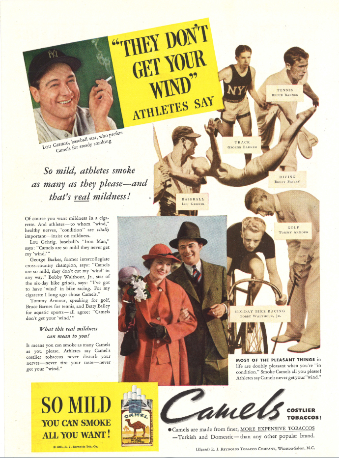 newspaper - "They Don'T Get Your Wind" Athletes Say So mild, athletes smoke as many as they pleaseand that's real mildness! Geker, l Tony Aking and boy by What this real m Ny Most Of The Pleasant Things So Mild You Can Smoke All You Want! Camels Tobaccosi