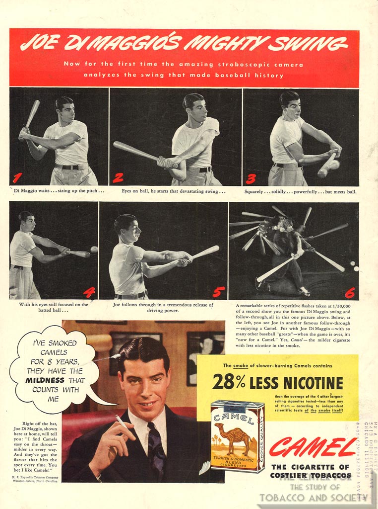 vintage advertisement - Joe Di Maggio'S Mighty Swing Now for the first time the amazing stroboscopic camera analyzes the swing that made baseball history Di Maggio waits... sizing up the pitch... Eyes on ball, he starts that devastating swing... Squarely.