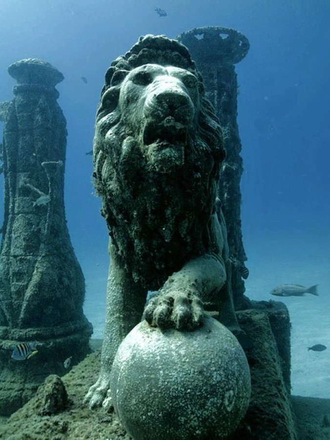 The lion statue of the Neptune Memorial Reef, originally conceived by Gary Levine and designed by artist Kim Brandell. It is a burial at sea, located at 3.25 miles off the coast of Key Biscayne, Florida.