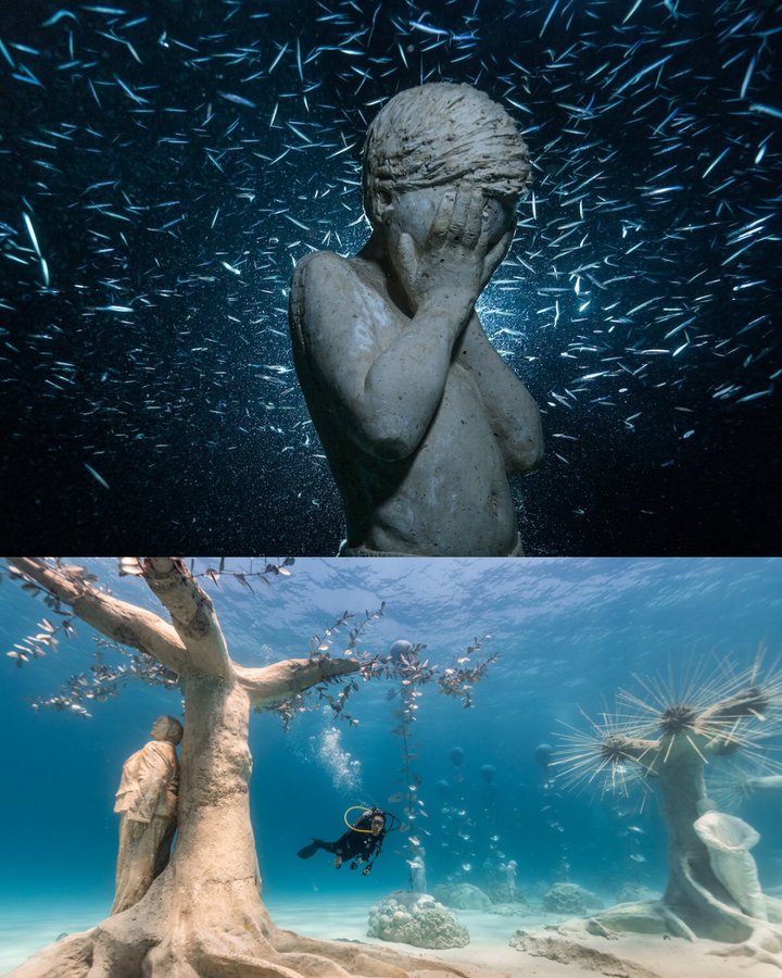 Statues of children playing hide and seek in the sunken museum off the coast of Cyprus. Jason deCaires Taylor's 93 statues are part of the Museum of Underwater Sculpture Ayia Napa.