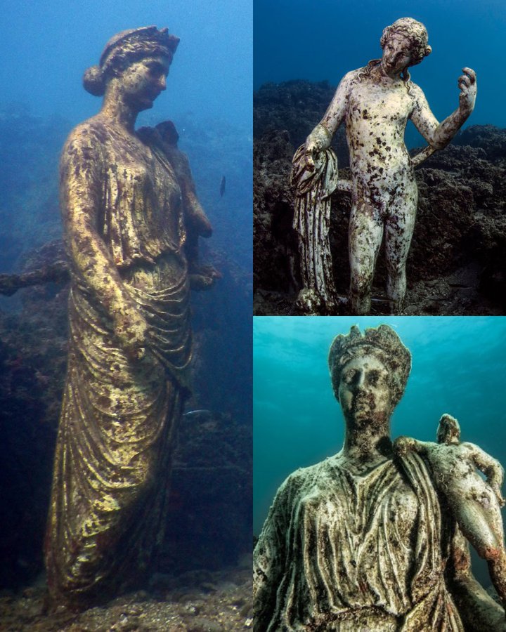 The statues of Emperor Claudius' Nymphaeum at Baia Underwater Archaeological Park, a "submerged Pompeii" off the coast of Naples, Italy.