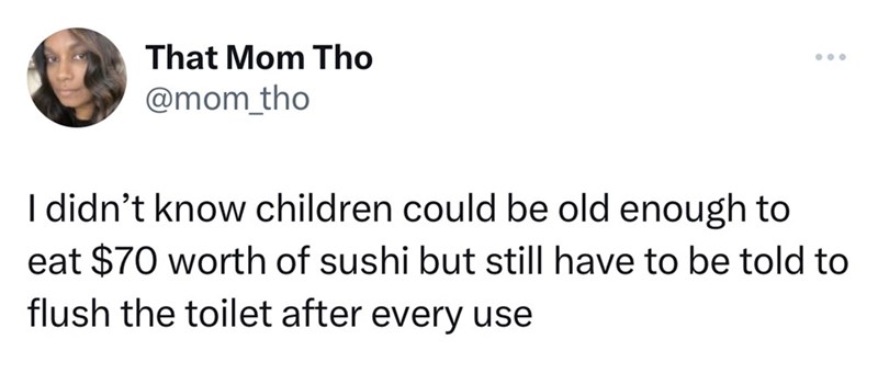 parallel - That Mom Tho I didn't know children could be old enough to eat $70 worth of sushi but still have to be told to flush the toilet after every use