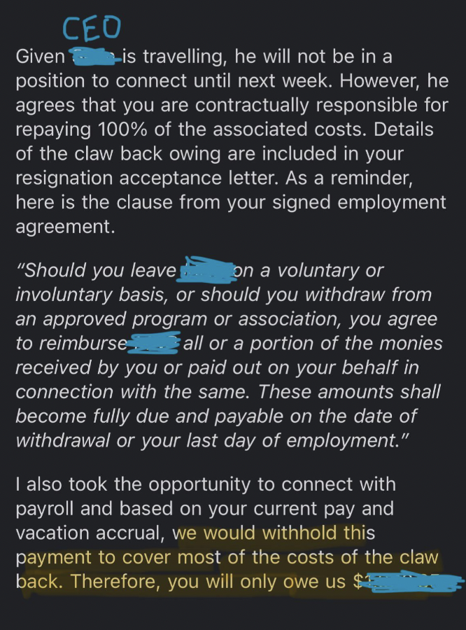 screenshot - Given Ceo is travelling, he will not be in a position to connect until next week. However, he agrees that you are contractually responsible for repaying 100% of the associated costs. Details of the claw back owing are included in your resigna