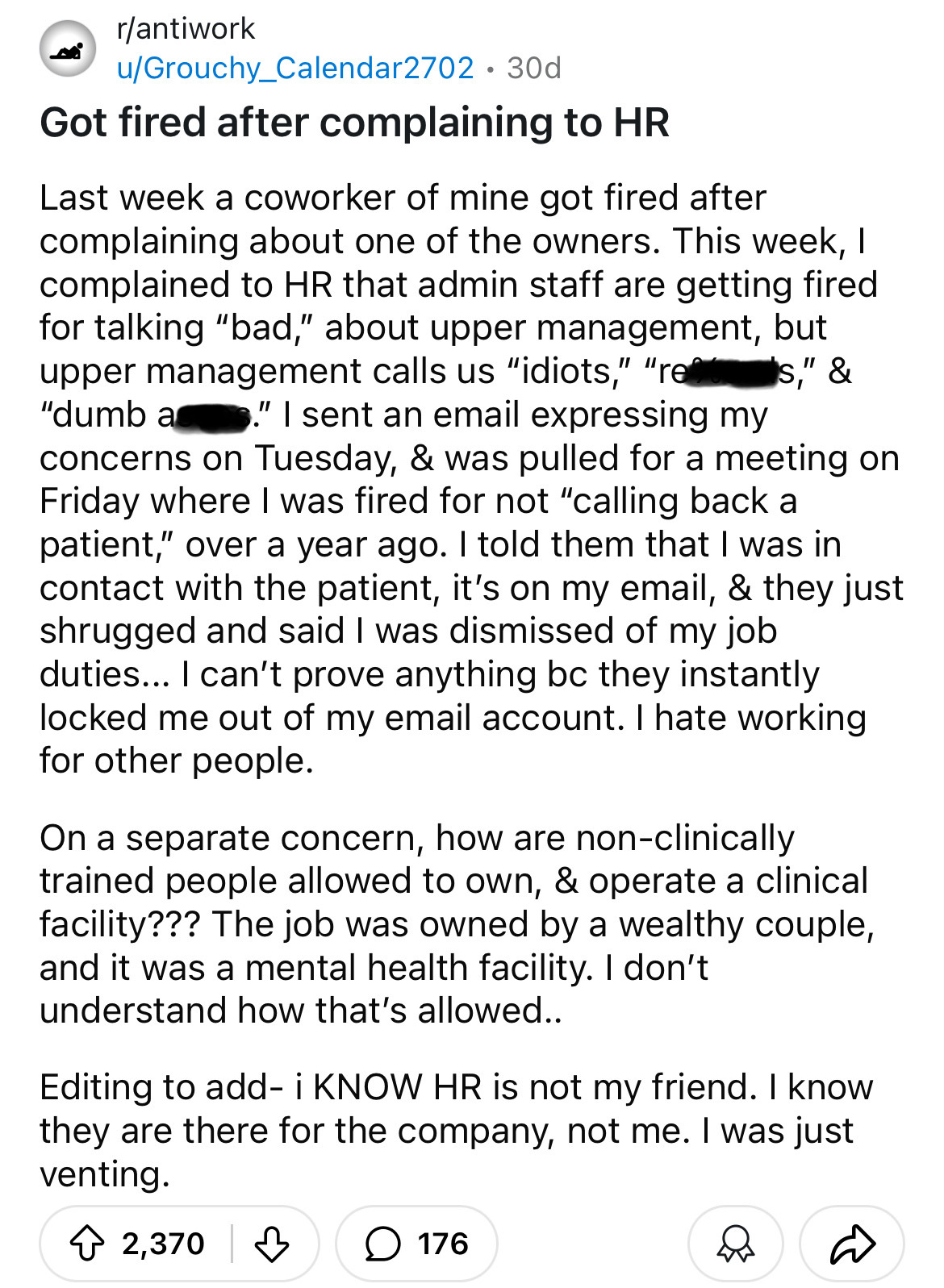 document - rantiwork uGrouchy Calendar2702. 30d Got fired after complaining to Hr "dumb a Last week a coworker of mine got fired after complaining about one of the owners. This week, I complained to Hr that admin staff are getting fired for talking "bad,"