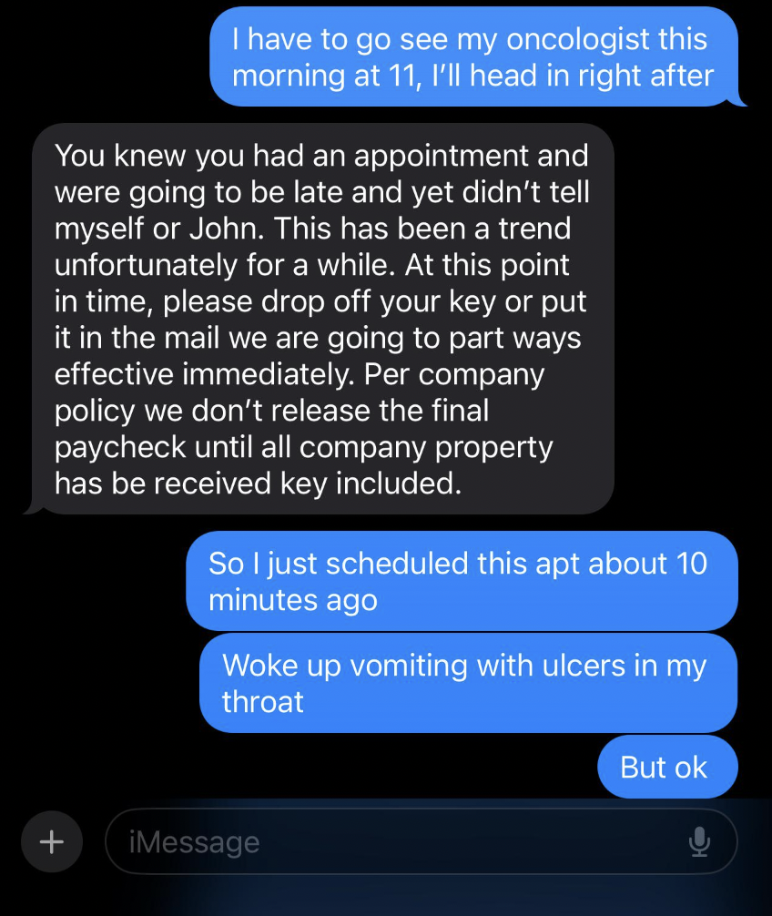 screenshot - I have to go see my oncologist this morning at 11, I'll head in right after You knew you had an appointment and were going to be late and yet didn't tell myself or John. This has been a trend unfortunately for a while. At this point in time, 