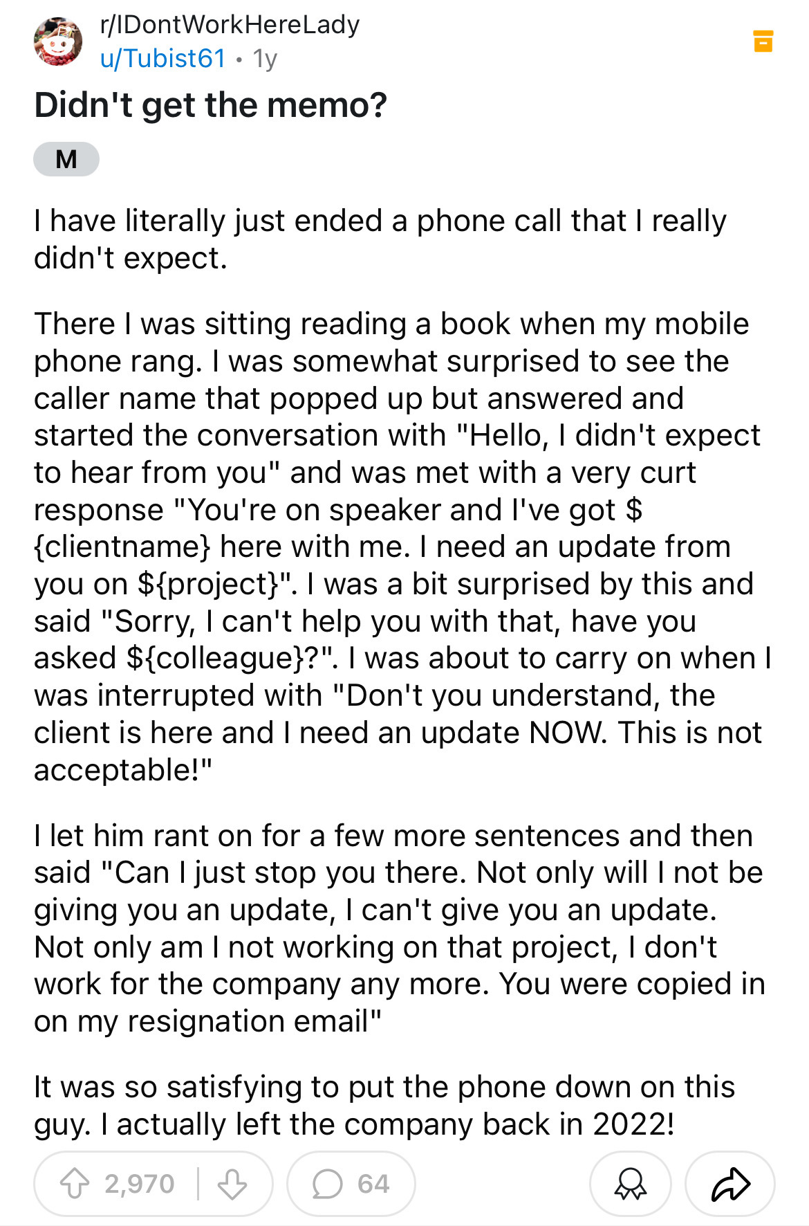 document - rIDontWorkHereLady uTubist61.1y Didn't get the memo? M I have literally just ended a phone call that I really didn't expect. There I was sitting reading a book when my mobile phone rang. I was somewhat surprised to see the caller name that popp