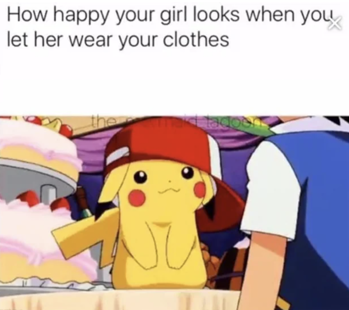 pokemon girlfriend meme - How happy your girl looks when you let her wear your clothes the