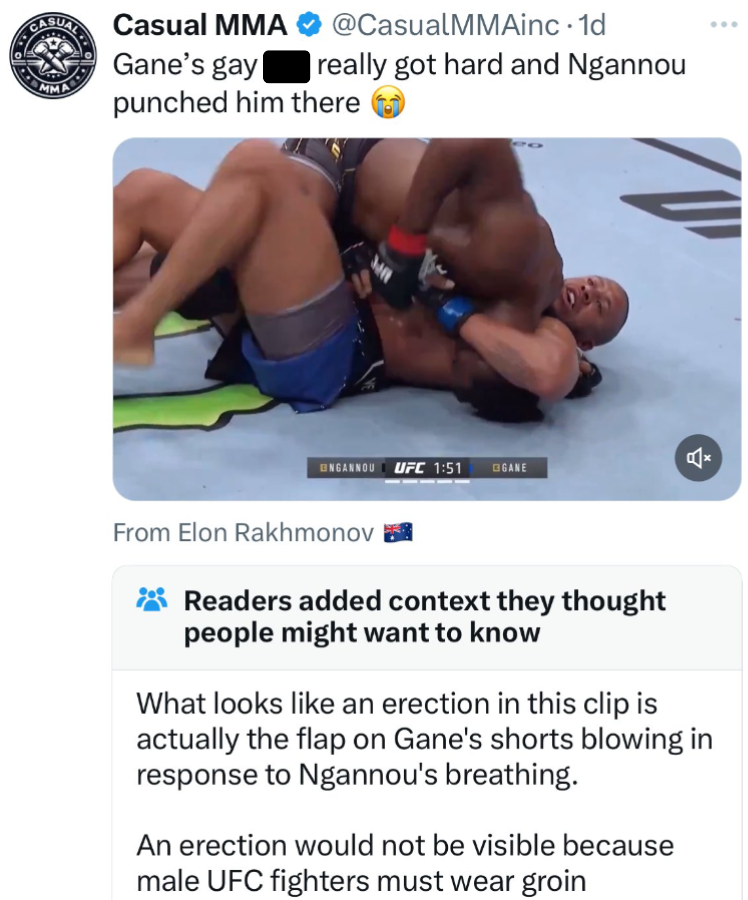 screenshot - Casual Mma Gane's gay really got hard and Ngannou punched him there Upc From Elon Rakhmonov Readers added context they thought people might want to know What looks an erection in this clip is actually the flap on Gane's shorts blowing in resp