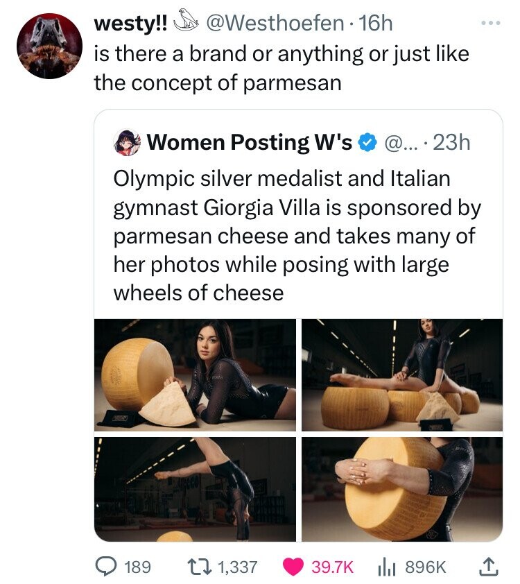 screenshot - westy!! . 16h is there a brand or anything or just the concept of parmesan Women Posting W's @.... 23h Olympic silver medalist and Italian gymnast Giorgia Villa is sponsored by parmesan cheese and takes many of her photos while posing with la