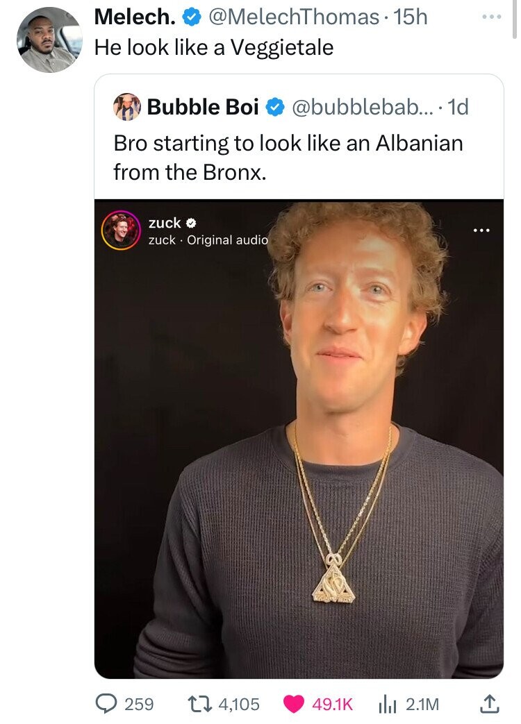 Internet meme - Melech. 15h He look a Veggietale Bubble Boi .... 1d Bro starting to look an Albanian from the Bronx. zuck zuck Original audio 259 14,105 Ill 2.1M