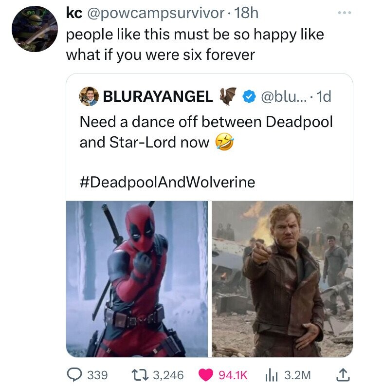 deadpool - kc . 18h people this must be so happy what if you were six forever Blurayangel .... 1d Need a dance off between Deadpool and StarLord now 339 3,246 3.2M