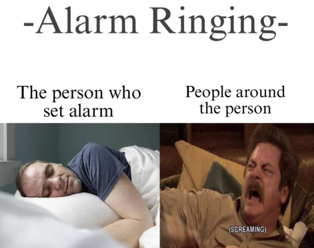 word what are you doing - Alarm Ringing The person who set alarm People around the person Screaming