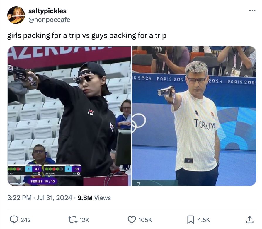 Internet meme - saltypickles girls packing for a trip vs guys packing for a trip Azerba Series 1010 9.8M Views 242 t12K $ 2024 Paris 202 2024 Paris 2029 Turkiy