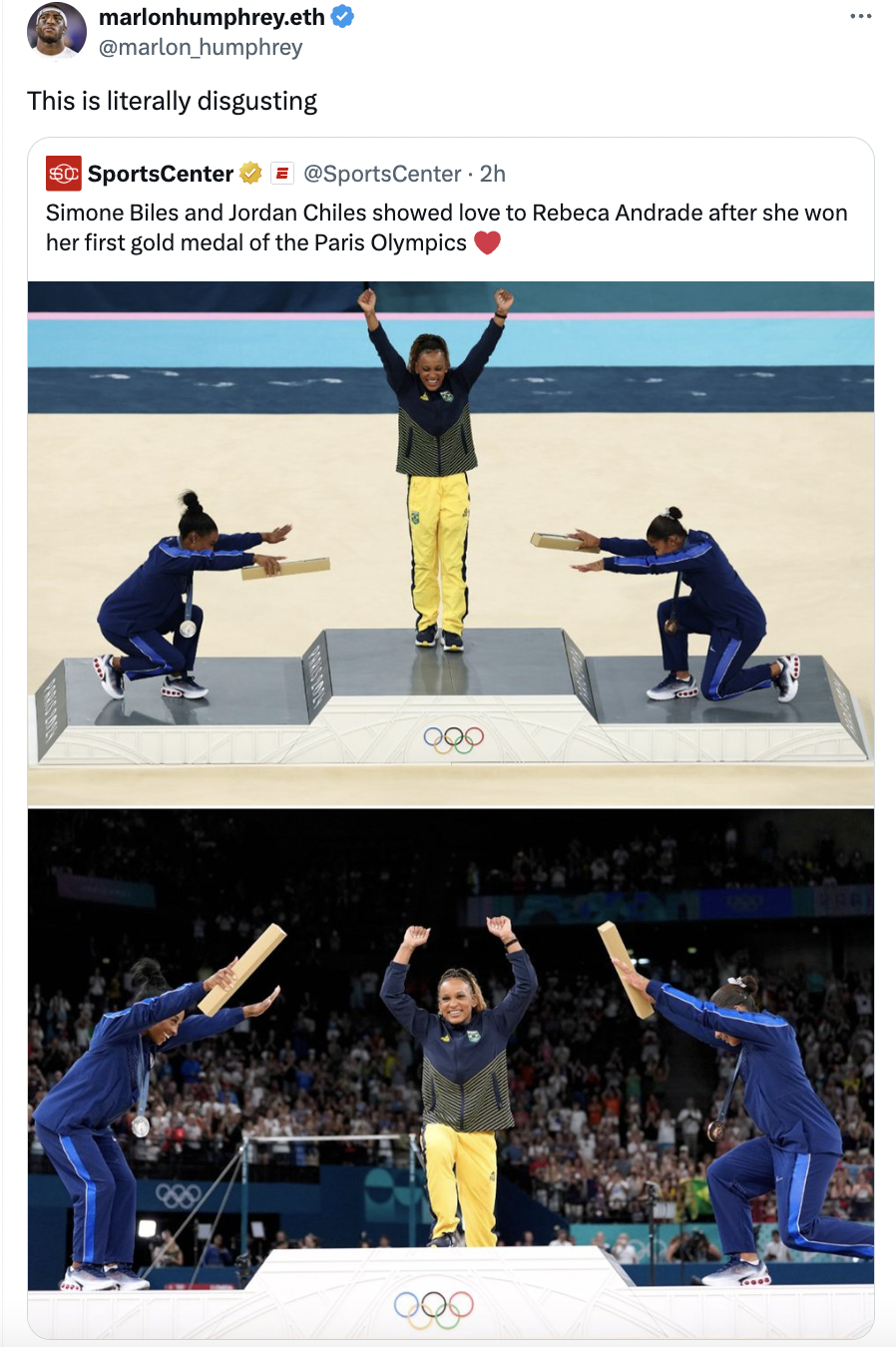 shooting sport - marlonhumphrey.eth humphrey This is literally disgusting SportsCenter SportsCenter 2h Simone Biles and Jordan Chiles showed love to Rebeca Andrade after she won her first gold medal of the Paris Olympics