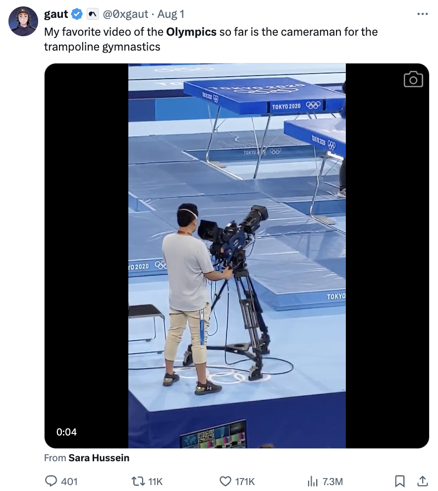 Video - gaut Aug 1 My favorite video of the Olympics so far is the cameraman for the trampoline gymnastics From Sara Hussein 401 TOKY2020 Tokyo 11K ild 7.3M ....