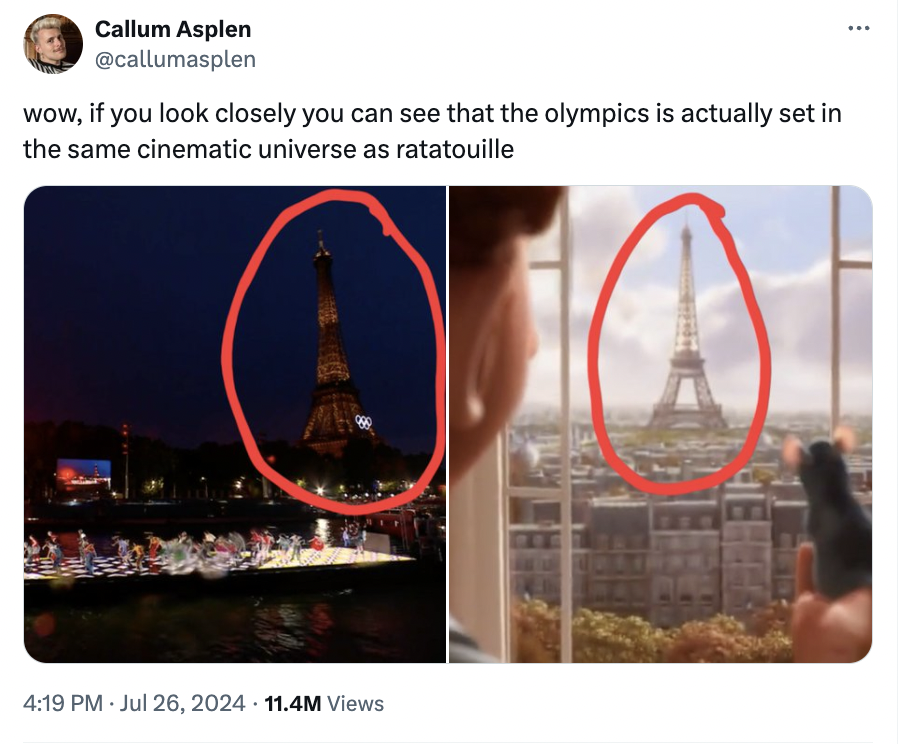 Internet meme - Callum Asplen wow, if you look closely you can see that the olympics is actually set in the same cinematic universe as ratatouille 11.4M Views