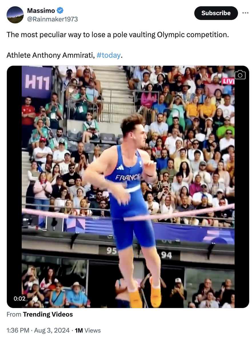 Pole vault - Massimo Subscribe The most peculiar way to lose a pole vaulting Olympic competition. Athlete Anthony Ammirati, . H11 From Trending Videos 1M Views 95 France