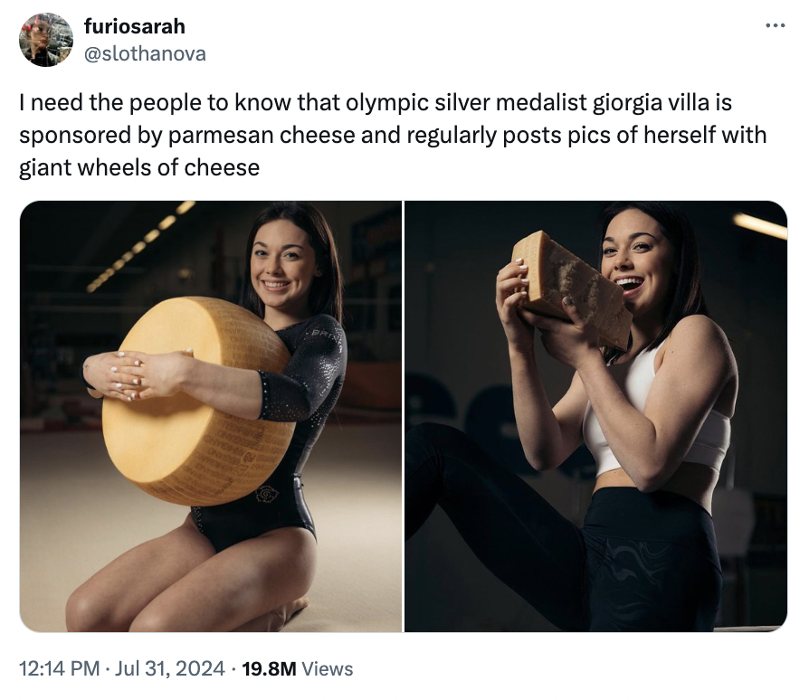 Giorgia Villa - furiosarah I need the people to know that olympic silver medalist giorgia villa is sponsored by parmesan cheese and regularly posts pics of herself with giant wheels of cheese 19.8M Views