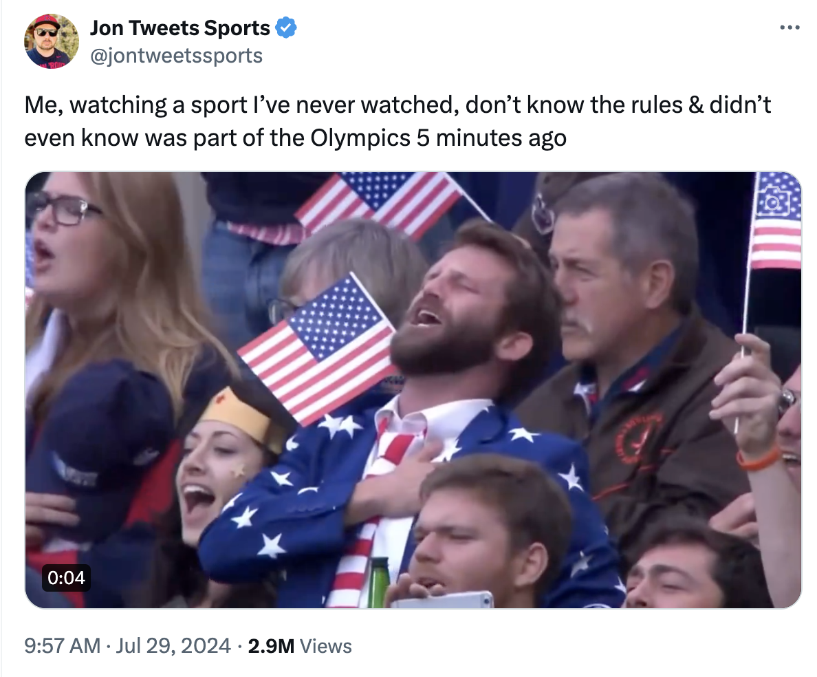 screenshot - Jon Tweets Sports Me, watching a sport I've never watched, don't know the rules & didn't even know was part of the Olympics 5 minutes ago 2.9M Views