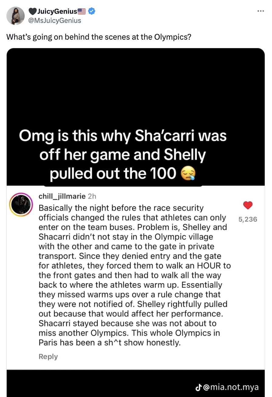 screenshot - JuicyGenius What's going on behind the scenes at the Olympics? Omg is this why Sha'carri was off her game and Shelly pulled out the 100 chill jillmarie 2h Basically the night before the race security officials changed the rules that athletes 