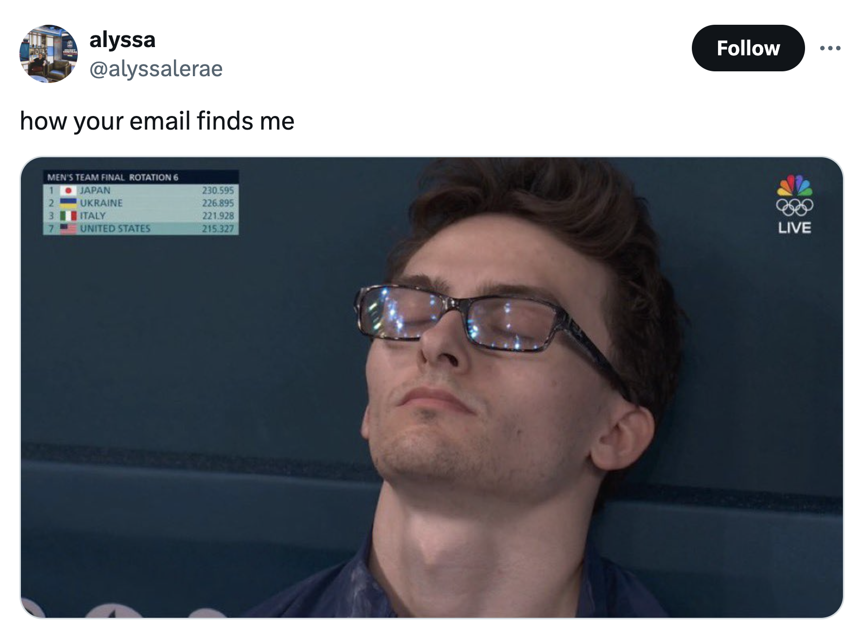 monday work memes - Stephen Nedoroscik - alyssa how your email finds me Men'S Team Final Rotation 6 Japan 230395 Ukraine 226895 Italy 221929 United States 215321 Live