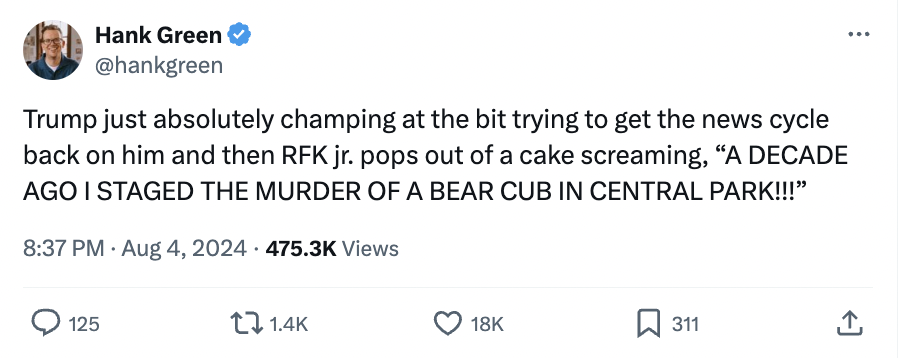 screenshot - Hank Green Trump just absolutely champing at the bit trying to get the news cycle back on him and then Rfk jr. pops out of a cake screaming, "A Decade Ago I Staged The Murder Of A Bear Cub In Central Park!!!" Views 125 18K 311