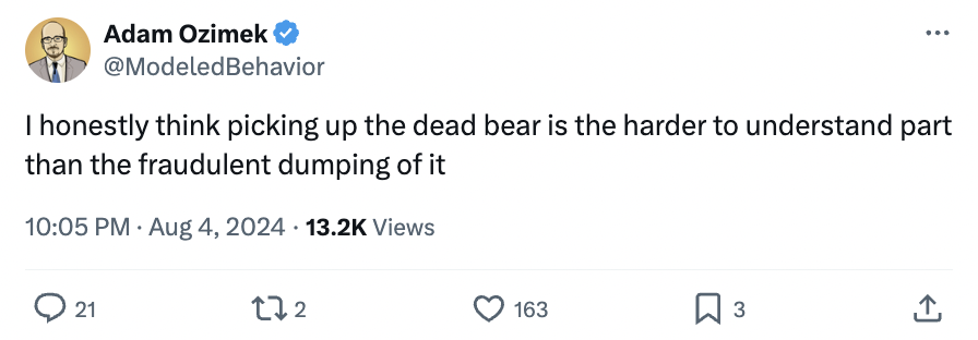 screenshot - Adam Ozimek I honestly think picking up the dead bear is the harder to understand part than the fraudulent dumping of it Views 21 172 163 3