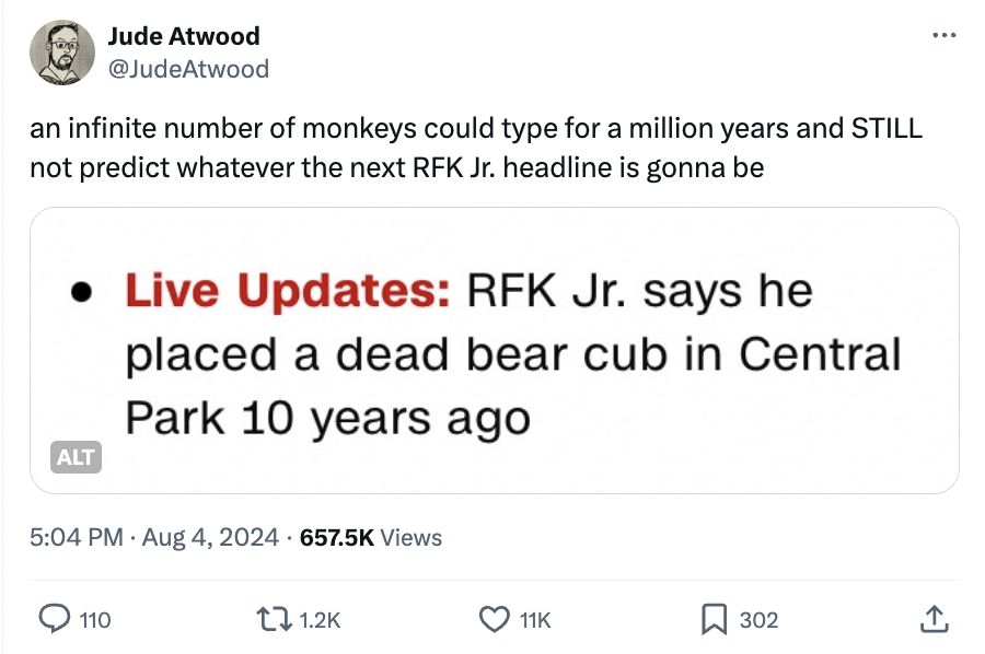 screenshot - Jude Atwood an infinite number of monkeys could type for a million years and Still not predict whatever the next Rfk Jr. headline is gonna be Live Updates Rfk Jr. says he placed a dead bear cub in Central Park 10 years ago Alt Views 110 t 11K