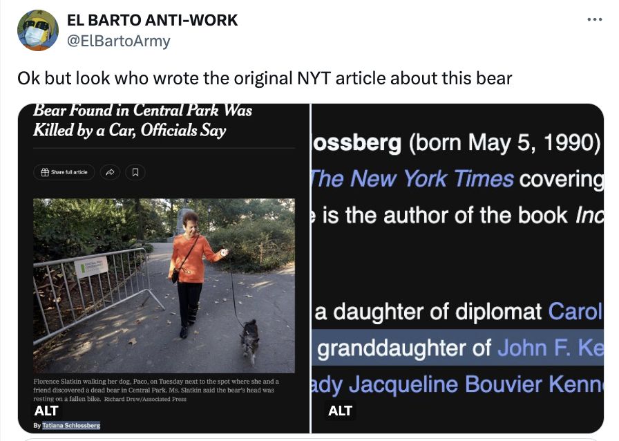 screenshot - El Barto AntiWork Ok but look who wrote the original Nyt article about this bear Bear Found in Central Park Was Killed by a Car, Officials Say ossberg born The New York Times covering is the author of the book Ind Florence Slatkin walking her