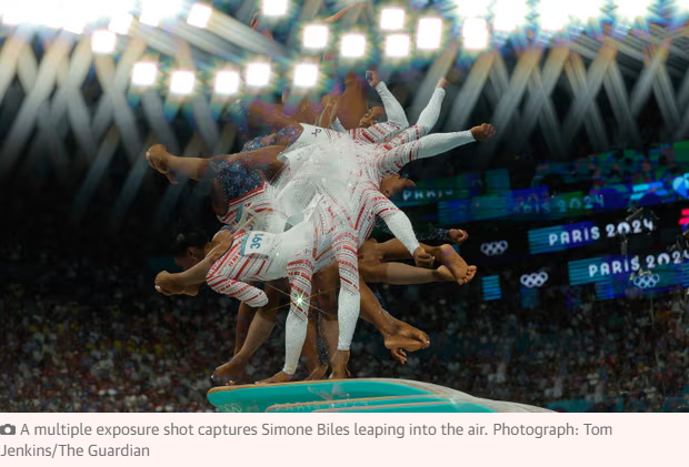 Simone Biles - Le Pha Paris 2024 889 Paris 2024 A multiple exposure shot captures Simone Biles leaping into the air. Photograph Tom JenkinsThe Guardian