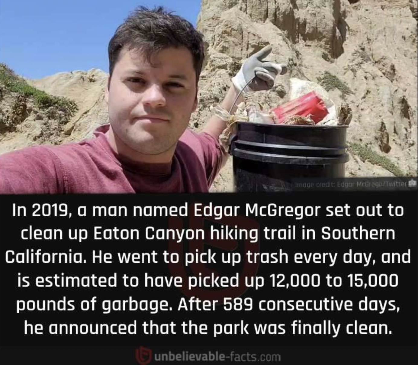 photo caption - Image credit Egor McGregoTwiter d In 2019, a man named Edgar McGregor set out to clean up Eaton Canyon hiking trail in Southern California. He went to pick up trash every day, and is estimated to have picked up 12,000 to 15,000 pounds of g