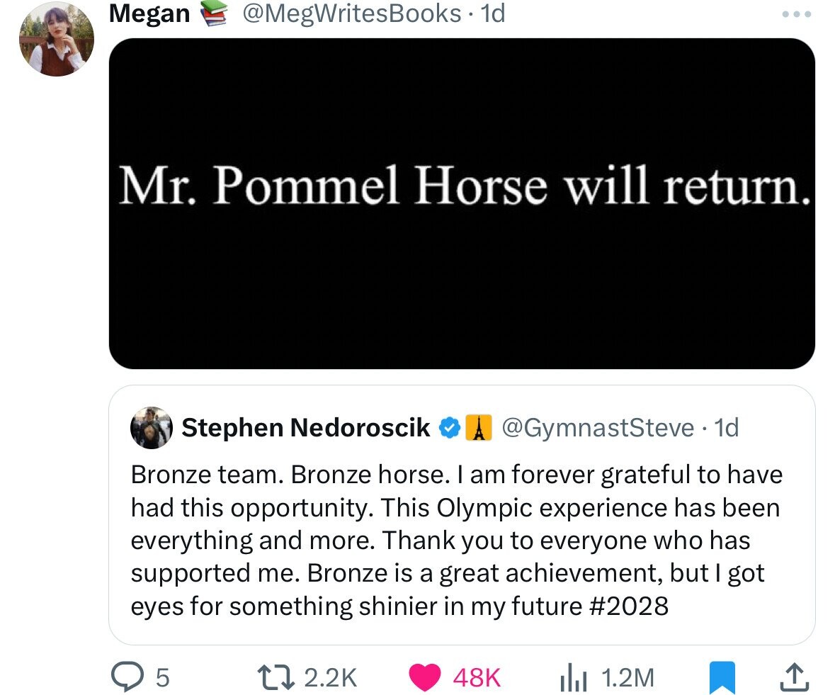 screenshot - Megan Books 1d Mr. Pommel Horse will return. Stephen Nedoroscik A. 1d Bronze team. Bronze horse. I am forever grateful to have had this opportunity. This Olympic experience has been everything and more. Thank you to everyone who has supported