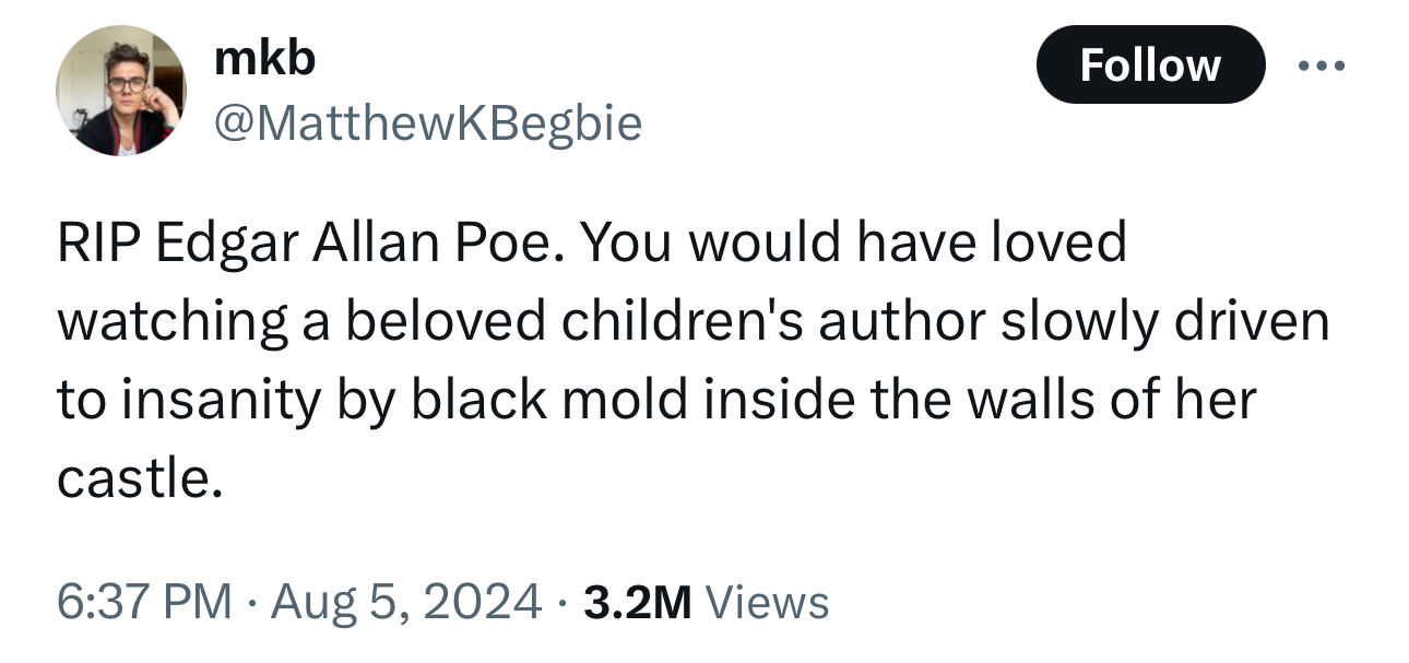 screenshot - mkb ... Rip Edgar Allan Poe. You would have loved watching a beloved children's author slowly driven to insanity by black mold inside the walls of her castle. 3.2M Views