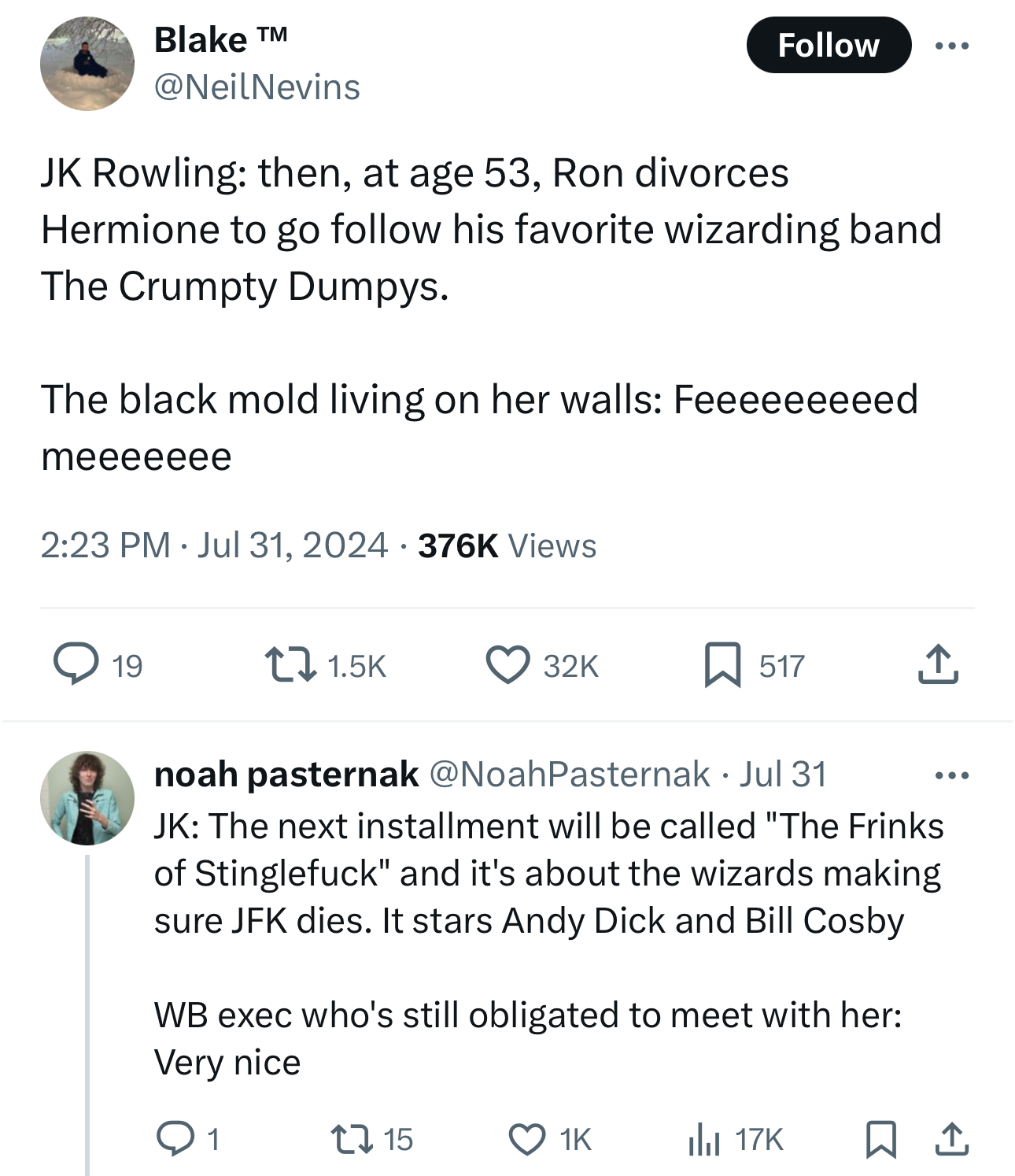 Blake T Jk Rowling then, at age 53, Ron divorces Hermione to go his favorite wizarding band The Crumpty Dumpys. The black mold living on her walls Feeeeeeeeed meeeeeee Views 19 32K 517 noah pasternak Pasternak Jul 31 Jk The next installment will be called