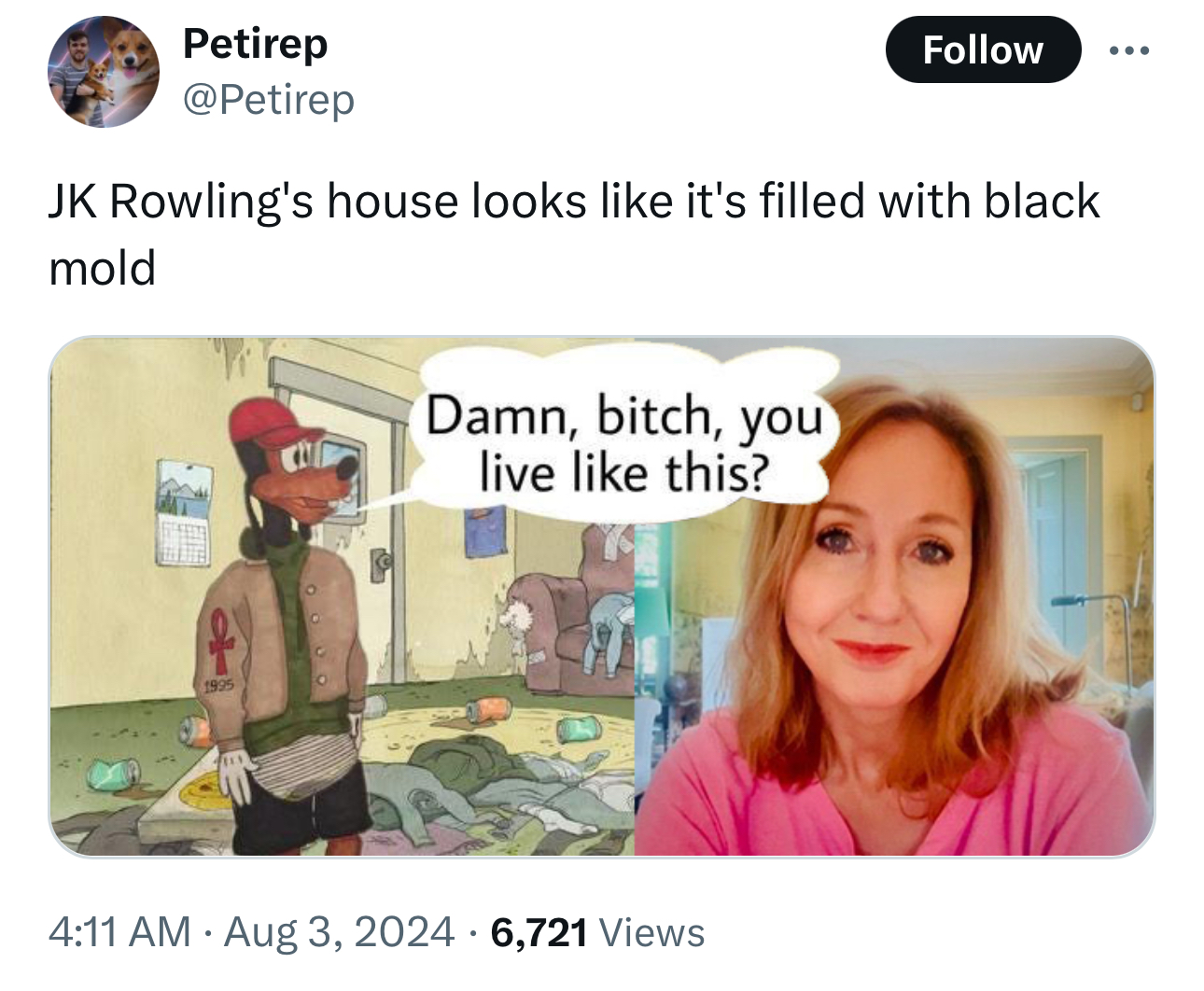 damn you live like - Petirep Jk Rowling's house looks it's filled with black mold 1925 Damn, bitch, you live this? 6,721 Views