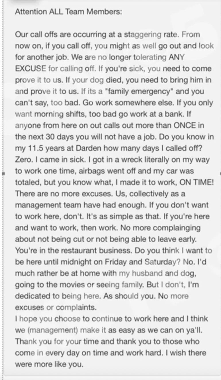 document - Attention All Team Members Our call offs are occurring at a staggering rate. From now on, if you call off, you might as well go out and look for another job. We are no longer tolerating Any Excuse for calling off. If you're sick, you need to co