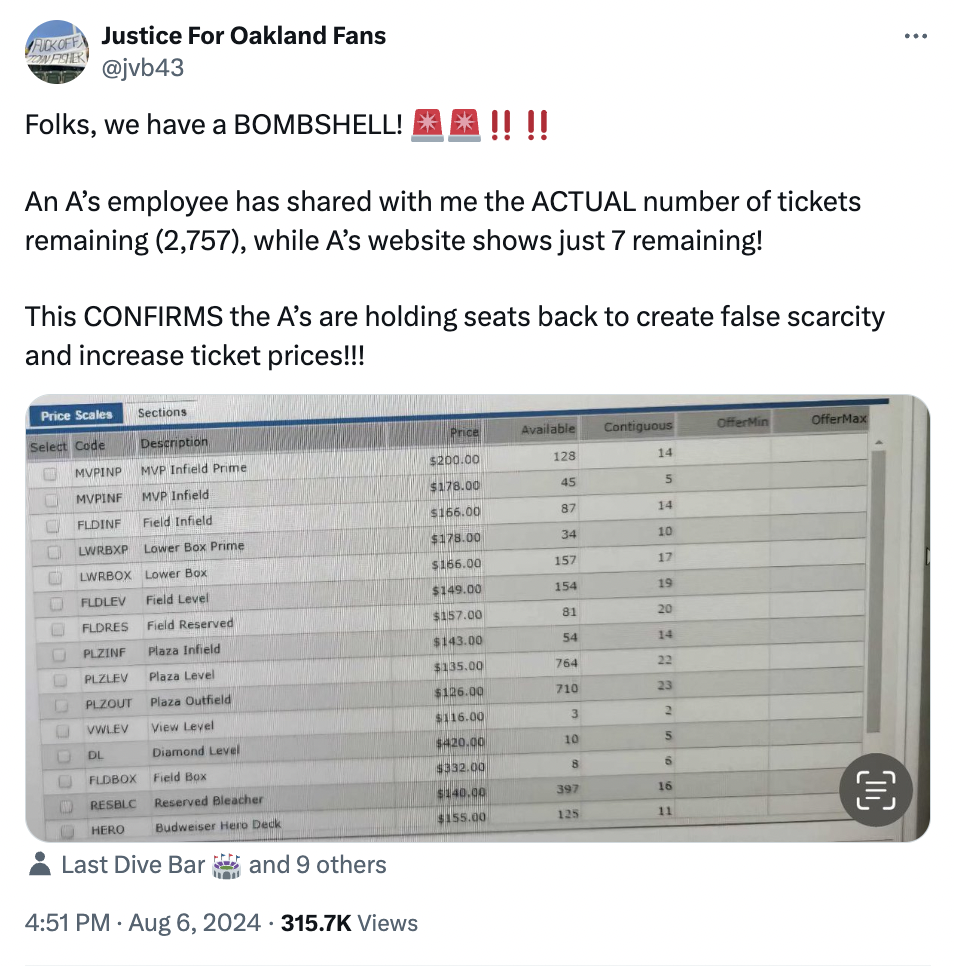 screenshot - Justice For Oakland Fans Folks, we have a Bombshell! An A's employee has d with me the Actual number of tickets remaining 2,757, while A's website shows just 7 remaining! This Confirms the A's are holding seats back to create false scarcity a