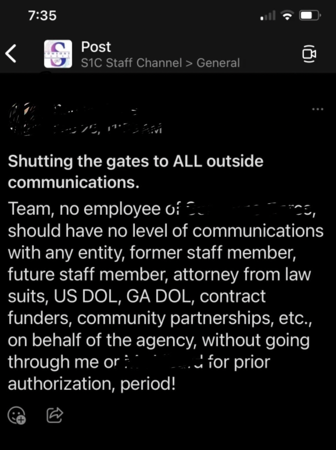 screenshot -  General 8 Shutting the gates to All outside communications. Team, no employee of should have no level of communications with any entity, former staff member, future staff member, attorney from law suits, Us Dol, Ga Dol, contract…