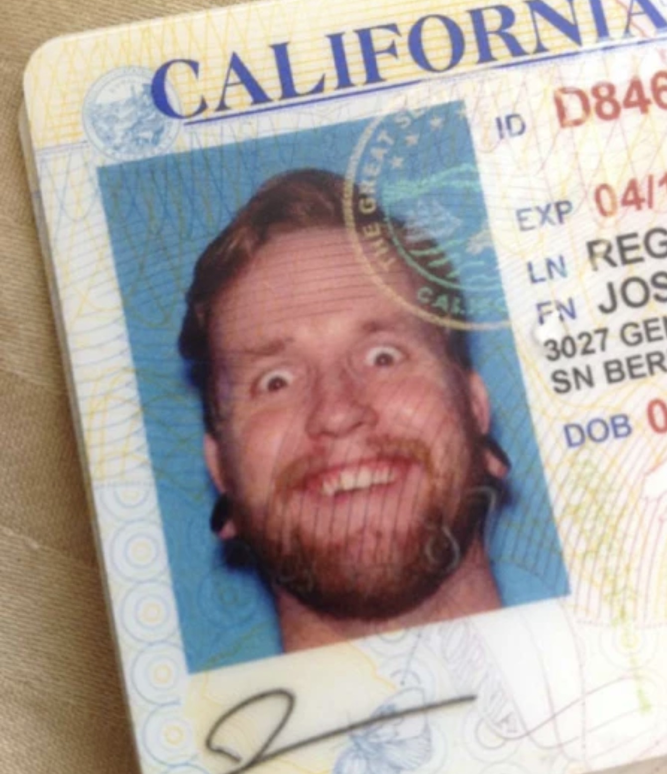 licence driver funny - Califor Cal Id D846 Exp 041 Ln Reg Fn Jos 3027 Ge Sn Ber Dob O