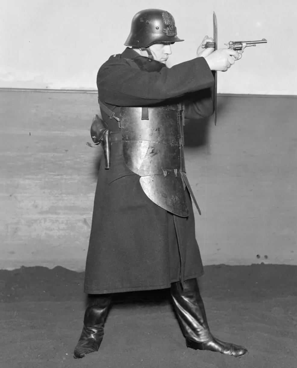 Warsaw policeman with plate armor and shield, 1934.