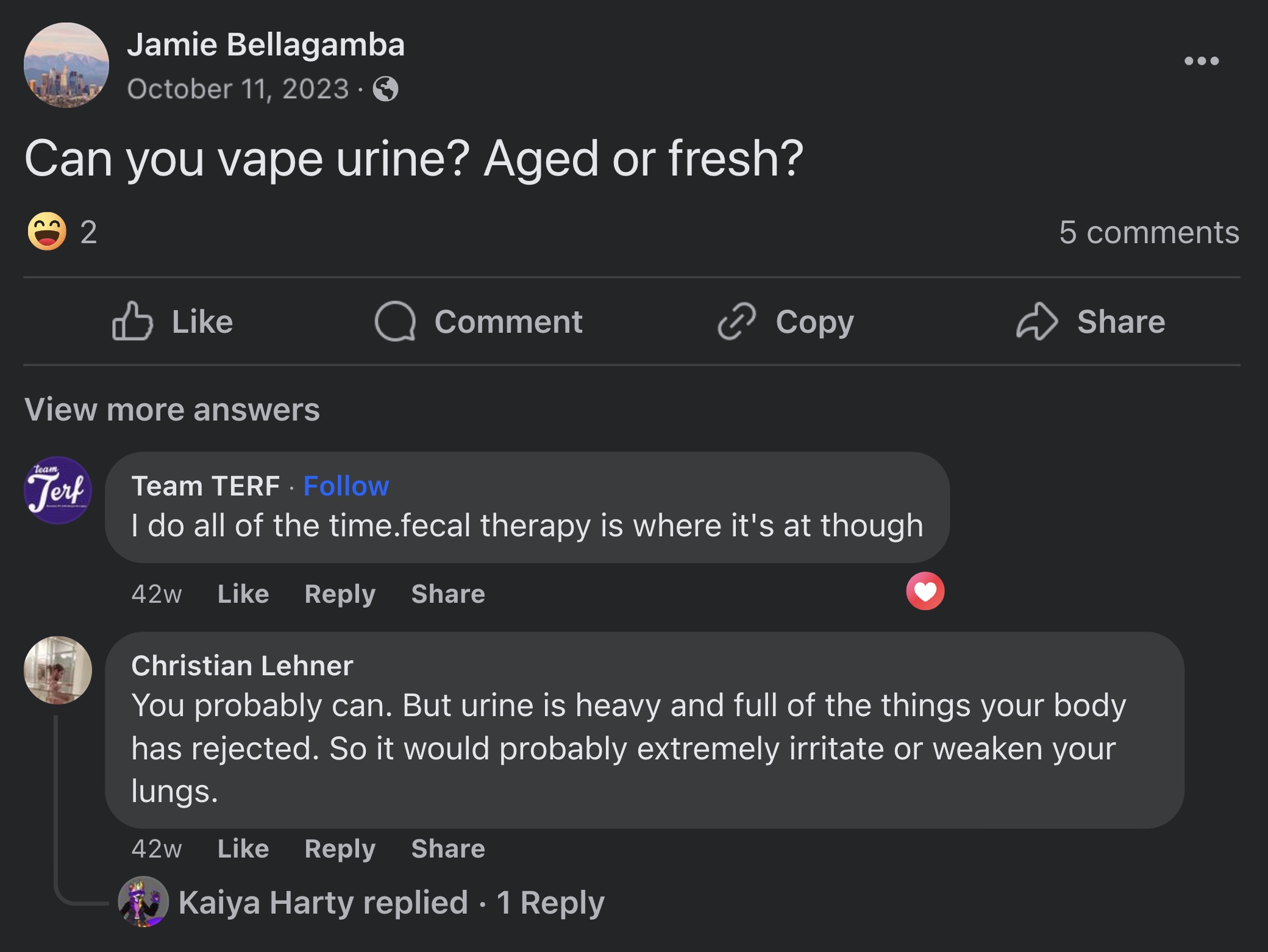 screenshot - Jamie Bellagamba Can you vape urine? Aged or fresh? 2 Q Comment Copy 5 View more answers team Jerf Team Terf. I do all of the time.fecal therapy is where it's at though 42w Christian Lehner You probably can. But urine is heavy and full of the