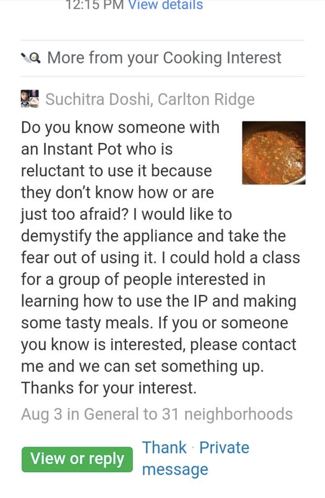 screenshot - View details More from your Cooking Interest Suchitra Doshi, Carlton Ridge Do you know someone with an Instant Pot who is reluctant to use it because they don't know how or are just too afraid? I would to demystify the appliance and take the 