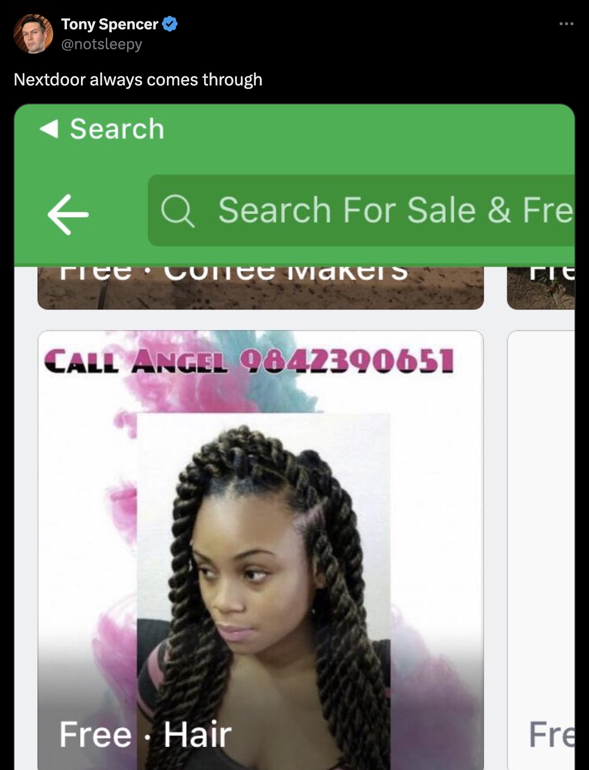 screenshot - Tony Spencer Nextdoor always comes through Search Q Search For Sale & Fre rite Coffee Makers Call Angel 9842390651 Free Hair Fre