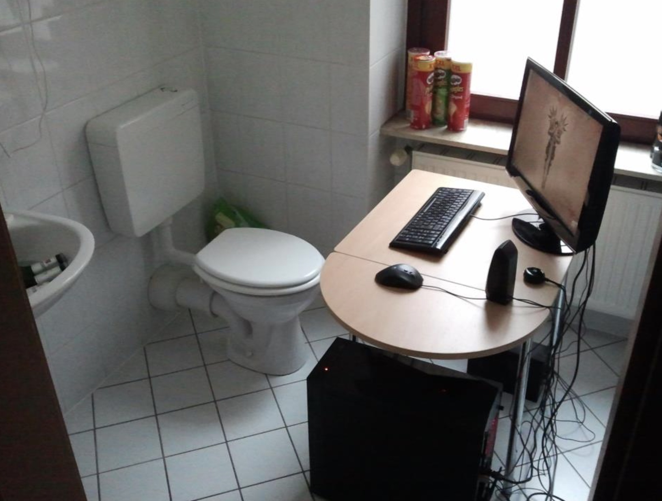 desk in bathroom