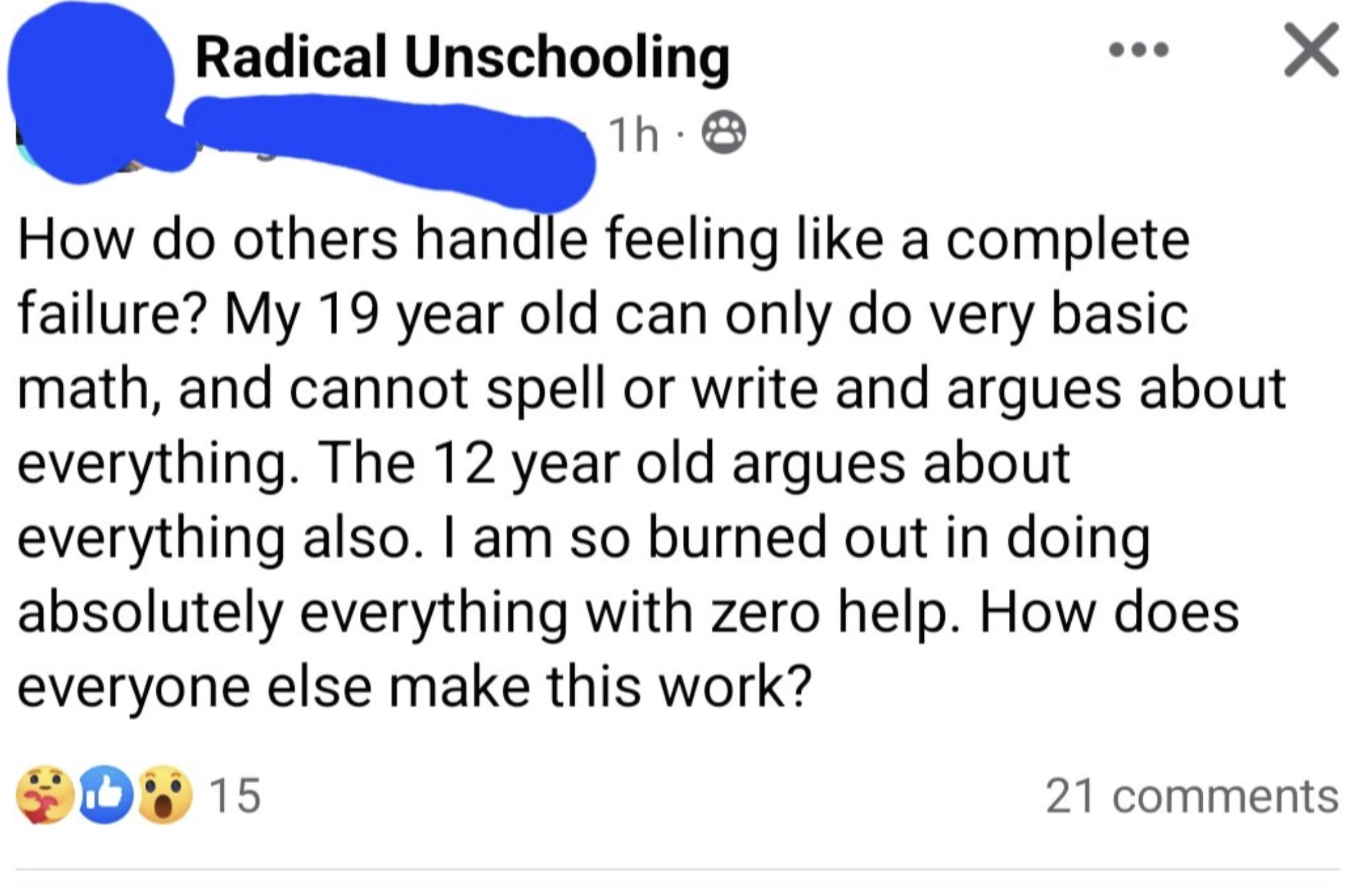 screenshot - Radical Unschooling 1h 8 How do others handle feeling a complete failure? My 19 year old can only do very basic math, and cannot spell or write and argues about everything. The 12 year old argues about everything also. I am so burned out in d