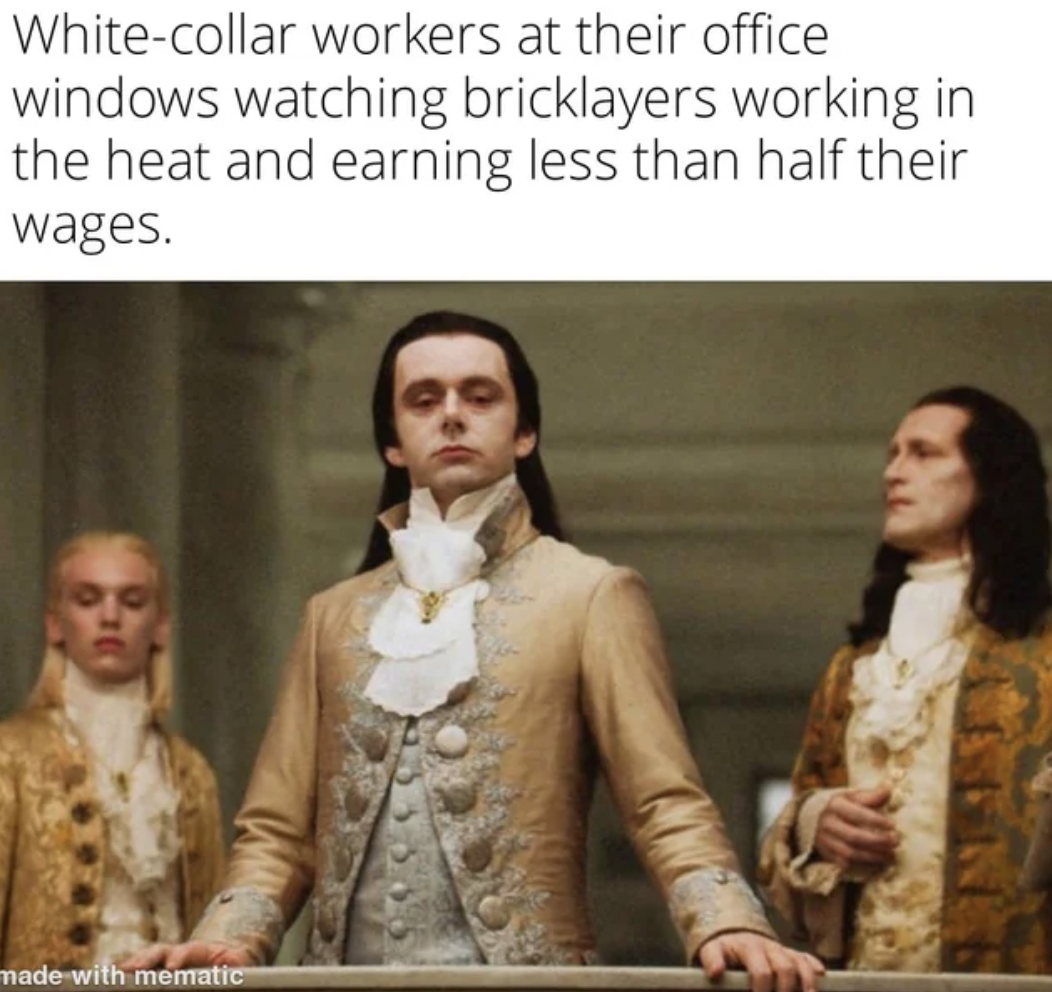 gas price memes 2022 - Whitecollar workers at their office windows watching bricklayers working in the heat and earning less than half their wages. made with mematic