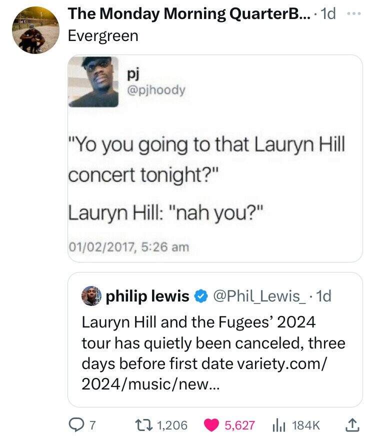 screenshot - The Monday Morning QuarterB.... 1d Evergreen pj "Yo you going to that Lauryn Hill concert tonight?" Lauryn Hill "nah you?" 01022017, philip lewis Lewis 1d Lauryn Hill and the Fugees' 2024 tour has quietly been canceled, three days before firs