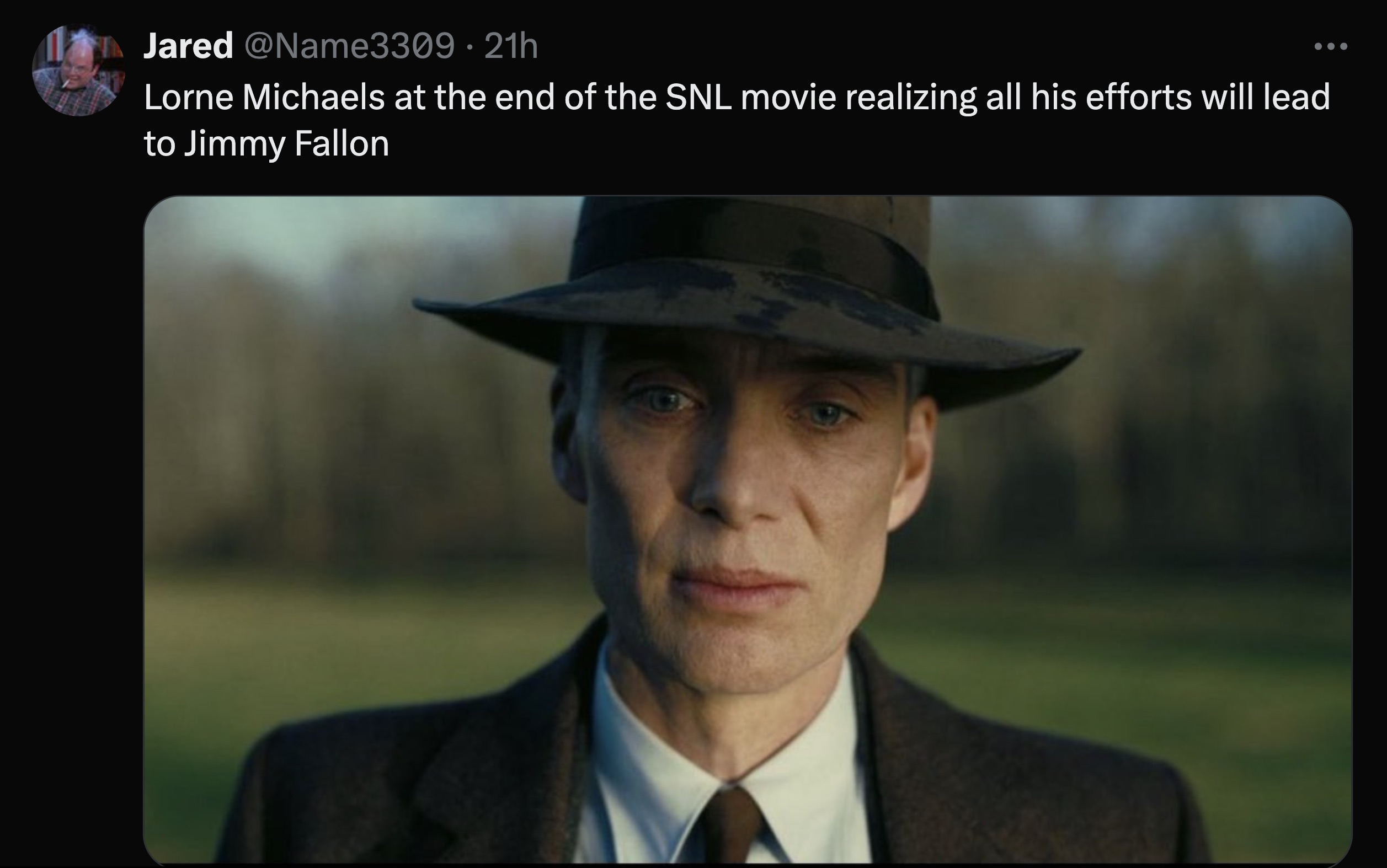 oppenheimer gif - Jared 21h Lorne Michaels at the end of the Snl movie realizing all his efforts will lead to Jimmy Fallon