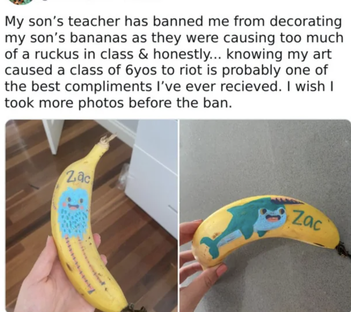 saba banana - My son's teacher has banned me from decorating my son's bananas as they were causing too much of a ruckus in class & honestly... knowing my art caused a class of 6yos to riot is probably one of the best compliments I've ever recieved. I wish